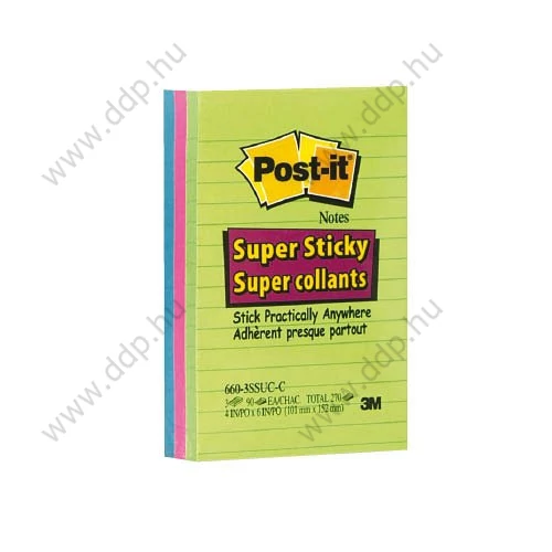 3M Post-it 660-3SSUC 101x152mm/ 3x 90lap öntapadós jegyzettömb szivárványcsomag, vonalazott, ultra színek -70005253409-
