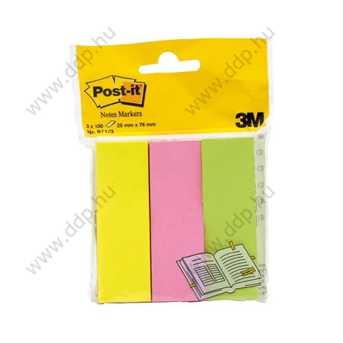 3M Post-it 671/3 jelölőlap 25x76mm 100lap 3tömb neon öntapadós jegyzettömb -FT510285875-
