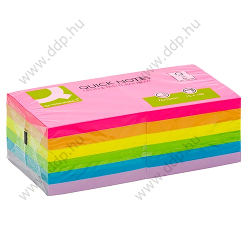 Öntapadós jegyzettömb 76x76mm 12x100lap/csomag Q-CONNECT neon/pasztell rainbow mix -KF10959 -