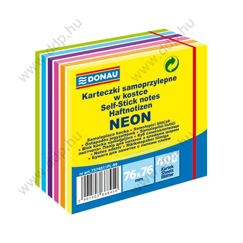 Öntapadós jegyzettömb 76x76mm 400 lap DONAU neonmix -7574011PL-99-
