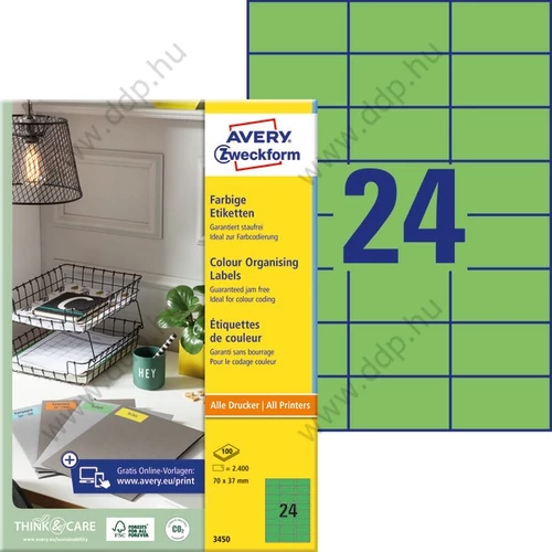 Etikett címke speciális zöld 70x37mm 3450 100ív Avery-Zweckform