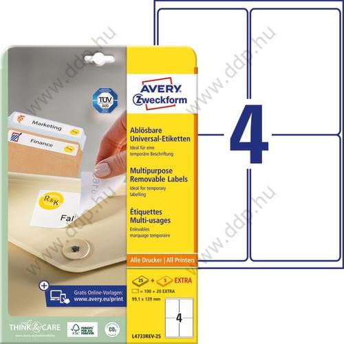 Etikett címke speciális visszaszedhető 99,1x139mm 30ív L4733REV-25 Avery-Zweckform