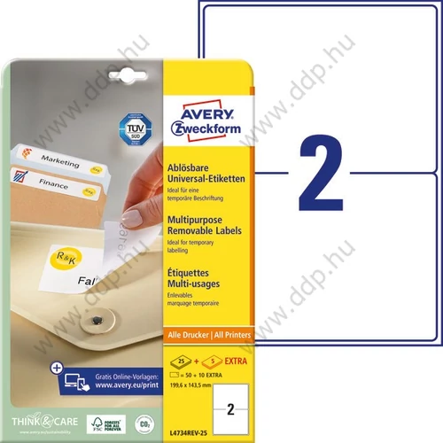 Etikett címke speciális visszaszedhető 199,6x143,5mm 30ív L4734REV-25 Avery-Zweckform