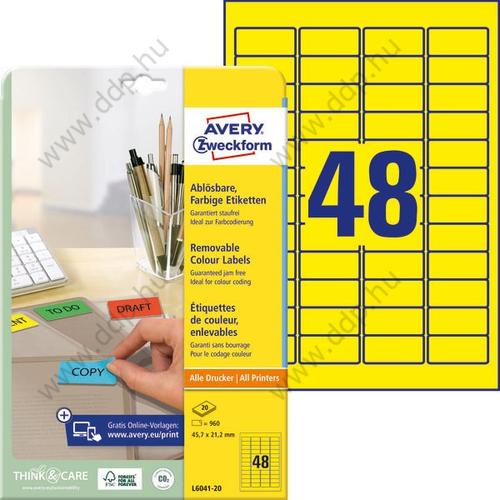 Etikett 6041-20 45,7x21,2mm 20 ív sárga Avery-Zweckform -L6041-20-