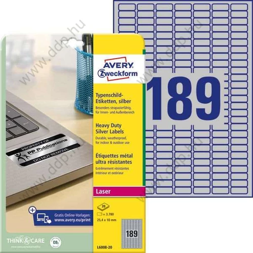 Etikett 6008 25,4x10mm 20 ív ezüst ipari Avery-Zweckform