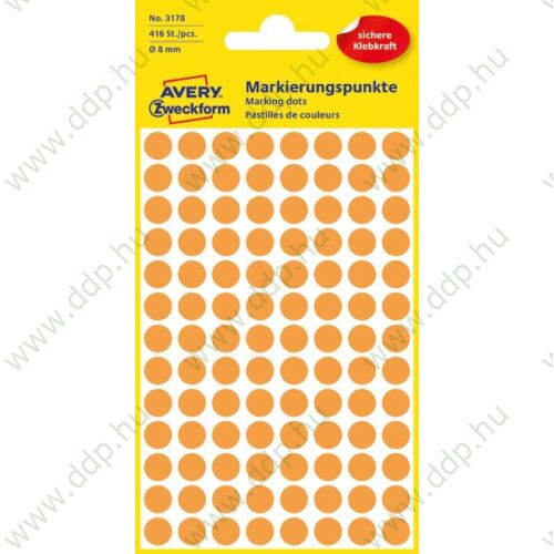 Etikett öntapadó kör 8mm 416 jelölőpont/csm Avery-Zweckform neon narancs -3178-