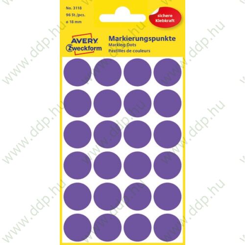 Etikett öntapadó 18mm kör Avery-Zweckform lila 96 jelölőpont/csm