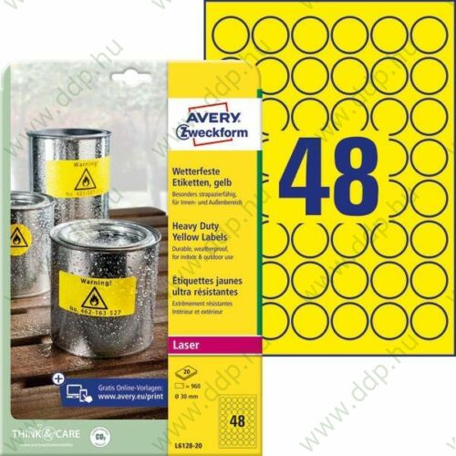 Etikett címke speciális L6128-20 időjárásálló sárga poliészter címke 30 mm AVERY-ZWECKFORM