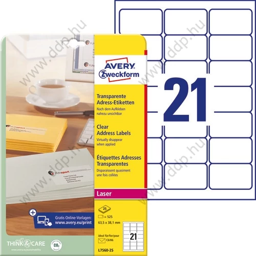 Etikett 7560 63,5x38,1mm 25ív átlátszó L7560-25 Avery-Zweckform QuickPeel