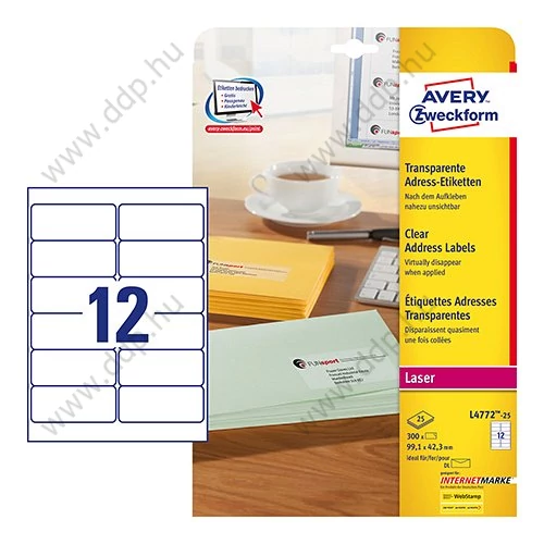 Etikett 4772 99,1x42,3mm 25ív átlátszó L4772-25 Avery-Zweckform QuickPeel 25ív/doboz