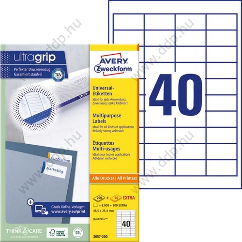 Etikett címke univerzális fehér 48,5x25,4mm 220ív -3657-200- Avery-Zweckform