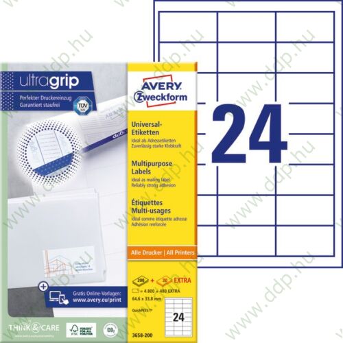 Etikett címke univerzális fehér 64,6x33,8 mm 220ív -3658-200- Avery-Zweckform
