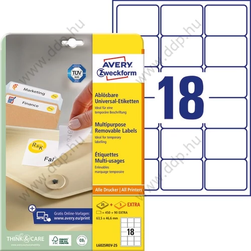 Etikett címke speciális visszaszedhető 63,5x46,6mm 30ív L6025REV-25 Avery-Zweckform