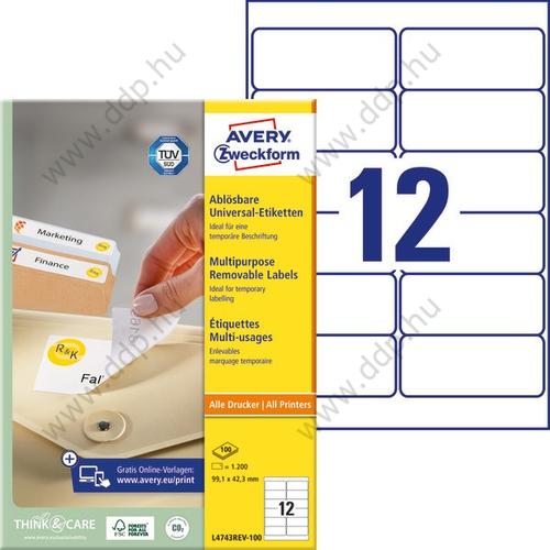 Etikett címke speciális visszaszedhető 99,1x42,3mm 100ív L4743REV-100 Avery-Zweckform