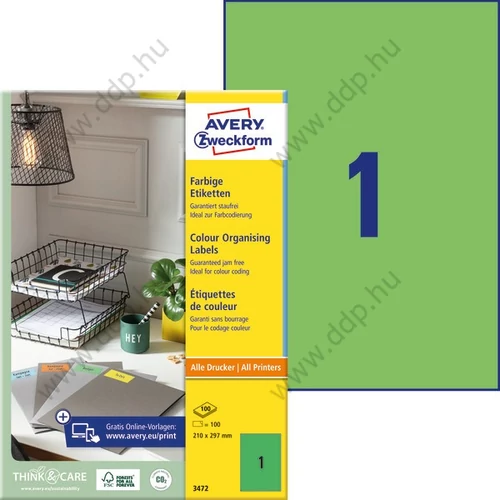 Etikett címke univerzális 210x297mm 100ív zöld Avery-Zweckform -3472-