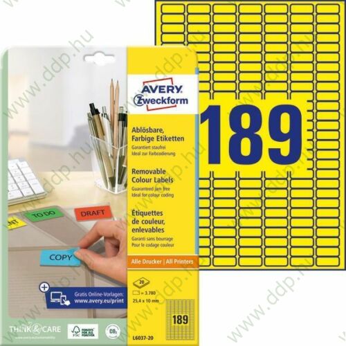 Etikett címke speciális visszaszedhető sárga 25,4x10mm 20ív -L6037-20- Avery-Zweckform