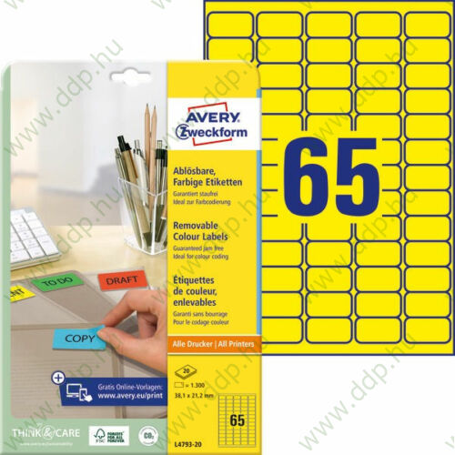 Etikett címke speciális visszaszedhető sárga 38,1x21,2mm 20ív -L4793-20- Avery-Zweckform