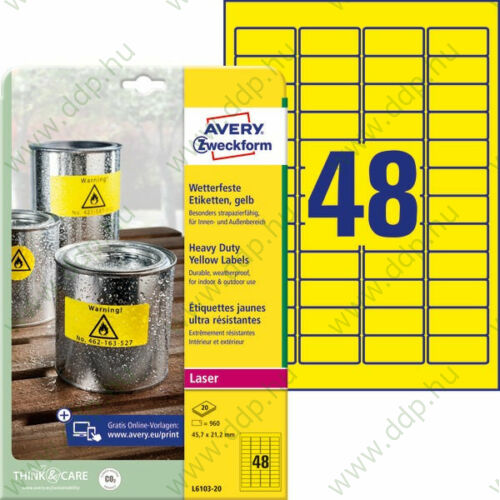 Etikett címke speciális időjárásálló poliészter sárga 45,7x21,2mm 20ív Avery-Zweckform