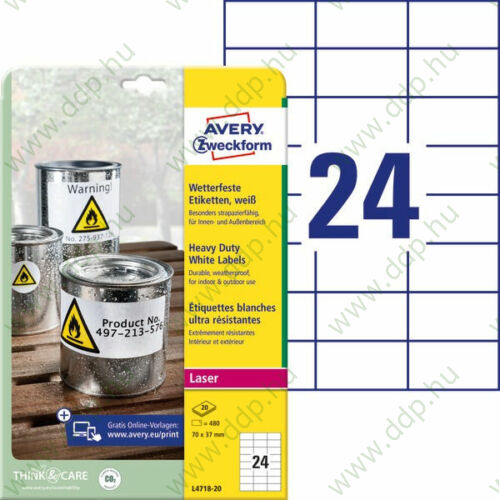 Etikett címke speciális időjárásálló poliészter fehér 70x37mm 20ív Avery-Zweckform