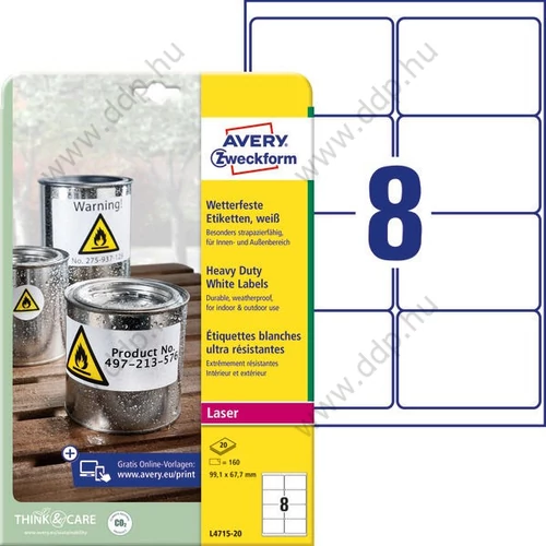 Etikett címke speciális időjárásálló poliészter fehér 99,1x67,7mm 20ív -L4715-20- Avery-Zweckform