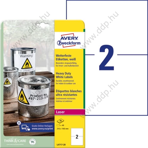 Etikett címke speciális időjárásálló poliészter fehér 210x148mm 20ív Avery-Zweckform