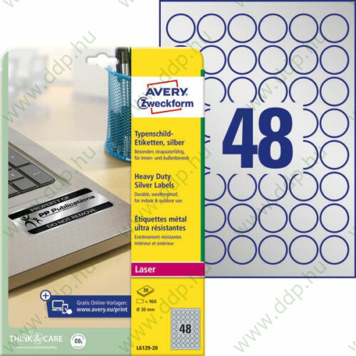 Etikett címke speciális ipari ezüst poliészter 30mm L6129-20 20ív Avery-Zweckform