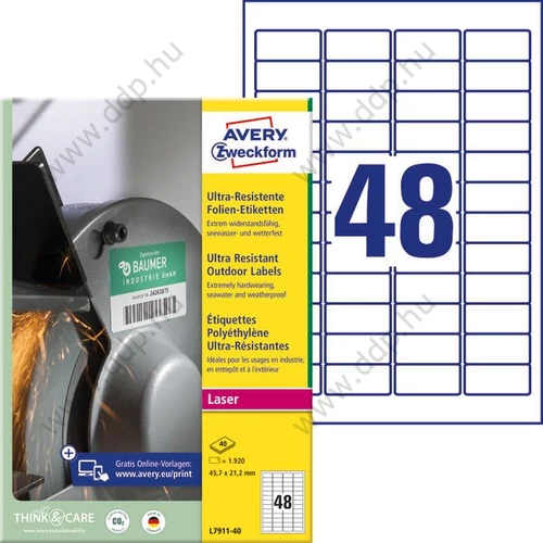 Etikett címke ultra ellenálló 45,7x21,2mm 40 ív Avery-Zweckform 48 címke/ív