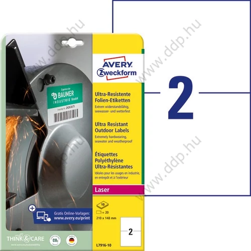 Etikett címke ultra ellenálló 210x148mm 10ív Avery-Zweckform 2 címke/ív