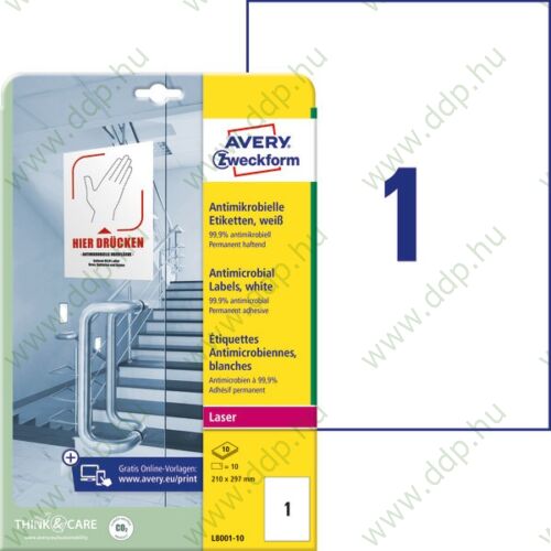 Etikett címke antimikrobiális fehér 210x297mm -L8001-10- Avery-Zweckform 10ív