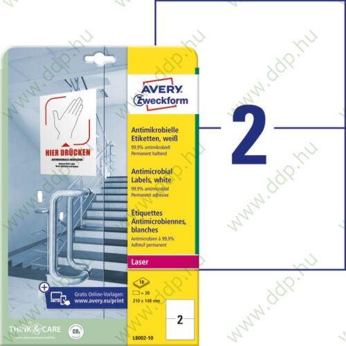 Etikett címke antimikrobiális fehér 210x148mm -L8002-10- Avery-Zweckform 10ív