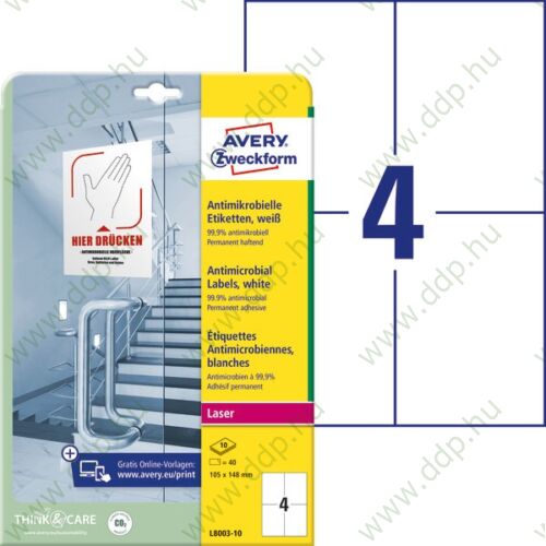 Etikett címke antimikrobiális fehér 105x148mm -L8003-10- Avery-Zweckform 10ív
