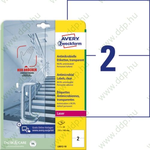 Etikett címke antimikrobiális fehér 210x148mm -L8012-10- Avery-Zweckform 10ív