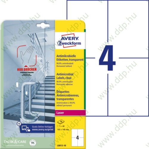 Etikett címke antimikrobiális fehér 105x148mm -L8013-10- Avery-Zweckform 10ív