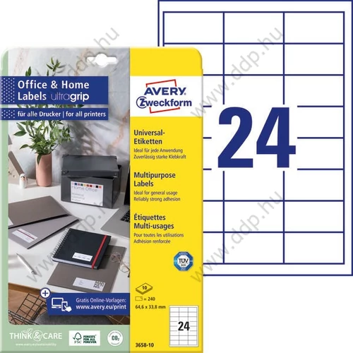 Etikett címke univerzális 64,6x33,8mm 10ív fehér 3658-10 Avery-Zweckform