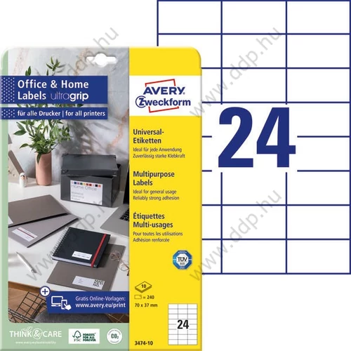 Etikett címke univerzális 70x37mm 10ív fehér 3474-10 Avery-Zweckform