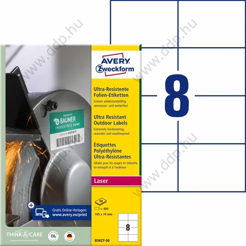 Etikett címke B3427-50 ultra ellenálló 105x74mm 50ív/doboz (8 etikett/ív) Avery-Zweckform fehér