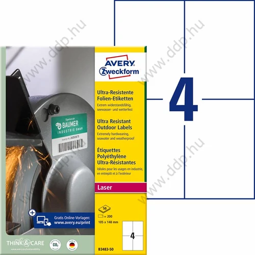 Etikett címke B3483-50 ultra ellenálló 105x148mm 50 ív/doboz (4 etikett/ív)  Avery-Zweckform fehér