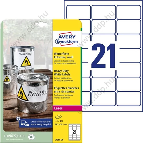 Etikett címke időjárásálló L7060-20 Avery-Zweckform  63,5x38,1mm, 21 címke/ív, 20 ív/doboz, fehér