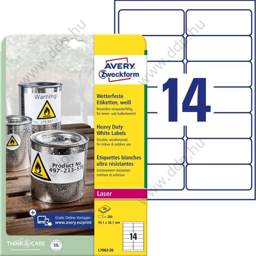 Etikett címke időjárásálló L7063-20 Avery-Zweckform  99,1x38,1mm, 14 címke/ív, 20 ív/doboz, fehér
