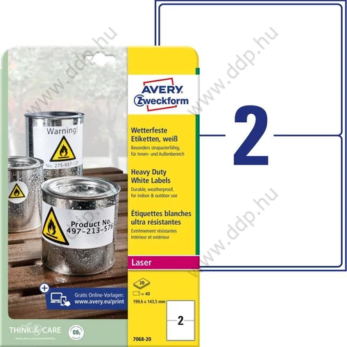 Etikett címke időjárásálló L7068-20 Avery-Zweckform  199,6x143,5mm, 2 címke/ív, 20 ív/doboz, fehér