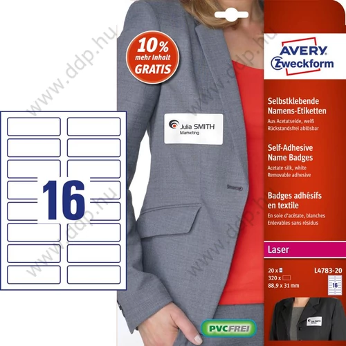 Etikett öntapadó textil címke - fehér 88,9 x 31 mm Avery-Zweckform L4783-20