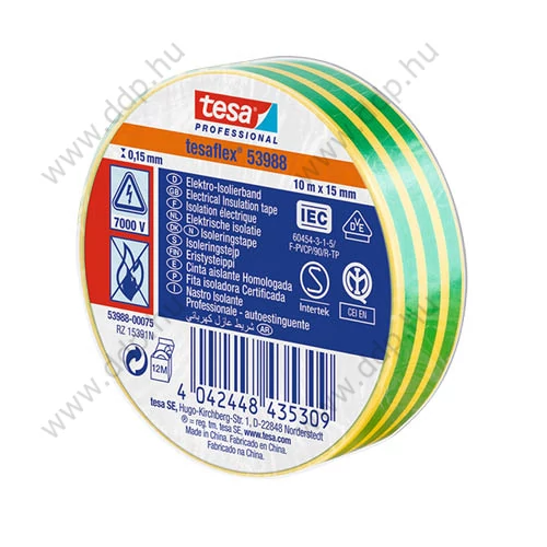 Szigetelőszalag 19mmx20m zöld-sárga Tesa -53948/53988-