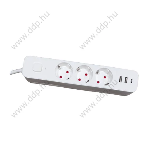 Elosztó 3-as 1,5m kapcsolóval  2xUSB-A + 1xUSB-C 3G1.5