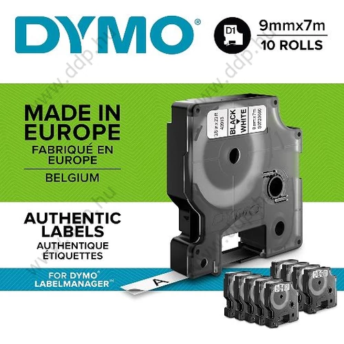 Betűnyomó kazetta gépi 9mmx7m Dymo szalag fekete-fehér 10db/csm gazdaságos csomag -2093096-