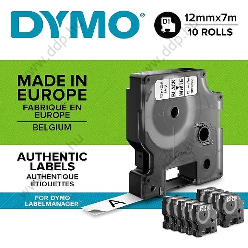 Betűnyomó kazetta gépi 12mmx7m Dymo szalag fekete-fehér 10db/csm gazdaságos csomag -2093097-