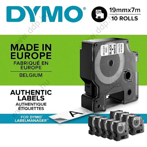 Betűnyomó kazetta gépi 19mmx7m Dymo szalag fekete-fehér 10db/csm gazdaságos csomag -2093098-