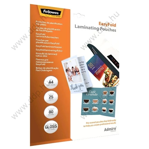 Lamináló fólia A/4 fényes 80 micron, előrehajtott, (Kiszerelés: 25db/csm) FELLOWES