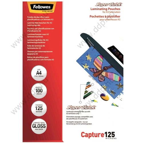 Lamináló fólia A/4 SuperQuick fényes 125 micron (Kiszerelés: 100db/csm) FELLOWES -5440101-
