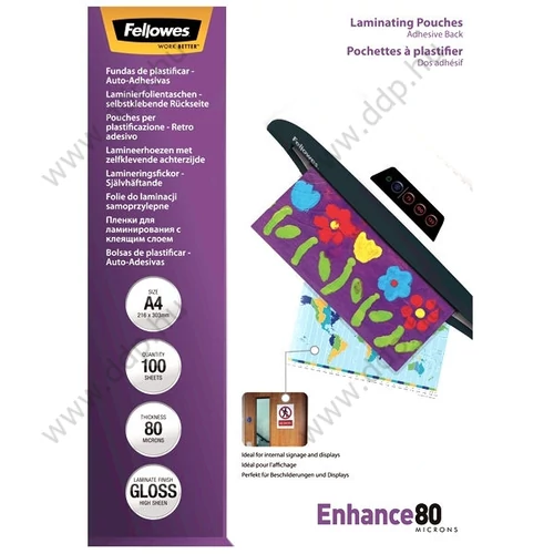 Lamináló fólia A4 fényes 80 micron, öntapadó hátlappal FELLOWES (Kiszerelés: 100db/csm) -5302202-