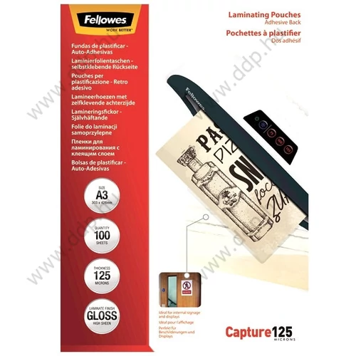 Lamináló fólia A3 fényes, 125 mikron, öntapadó hátlappal (Kiszerelés: 100db/csm) FELLOWES -5329001-